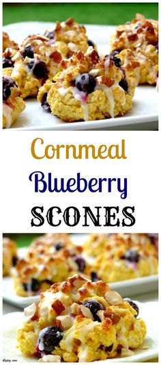 cornmeal blueberry scones on a white plate with the words cornmeal blueberry scones