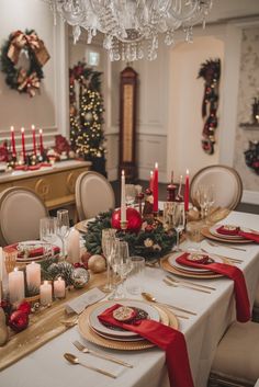 a dining room table set for christmas dinner