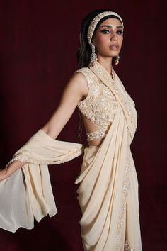 Beige pre-draped saree with sequins and cutdana embroidery in floral pattern. Paired with an embroidered padded blouse and belt. - Aza Fashions Cutdana Embroidery, Draped Saree, Padded Blouse, Drape Saree, Set Women, Rococo, Aza Fashion, Floral Pattern, Sequin