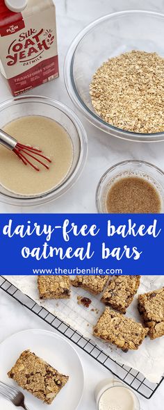 dairy - free baked oatmeal bars on a cooling rack and in bowls