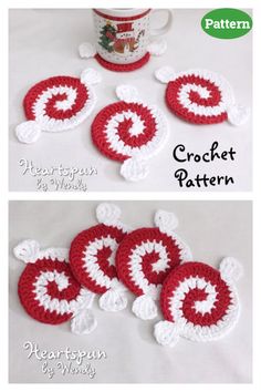 crocheted coasters with red and white designs