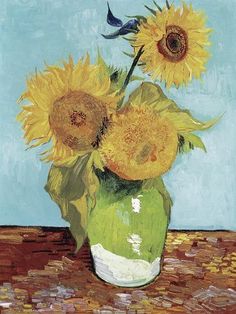 a painting of sunflowers in a green vase