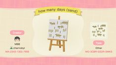 an animal crossing game screen showing how many days sand is on the easel and what it looks like