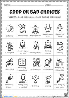 the good or bad choices worksheet is shown in black and white, with different symbols