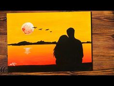 an acrylic painting of two people looking at the sunset