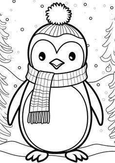 a penguin wearing a hat and scarf in the snow with pine trees behind it coloring page