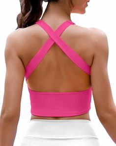 PRICES MAY VARY. Cross Back Sports Bras For Women High Support：The criss cross back design is the most attractive feature of this strappy sports bra. Matched with a wide shoulder strap design, this womens supportive sports bras provides excellent support and stability during exercise. Longline Sports Bras For Teens Girls: Workout tops gym for working out.The longline design of the chest provides you with full coverage in this womens athletic crop tops, suitable for medium to high impact sports. Pretty Activewear, Pink Workout Gear, Neck Workout, Hot Pink Sports Bra, Athletic Tops Women, Yoga Bra Tops, High Support Bra, Athletic Wear Womens, Womens Workout Shirts