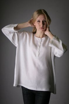 Oversized Pure Linen Shirt for Woman. $45.00, via Etsy. Linen Button-up Shirt For Layering, Plain Long Sleeve Linen Top, Classic Oversized Linen Blouse, Casual Linen Shirt For Layering, Classic Oversized Linen Tops, Casual Flax Top With Buttons, Casual Buttoned Beige Tops, Classic Long Sleeve Flax Tops, Solid Relaxed Fit Blouse For Everyday