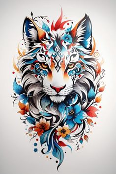 a wolf with flowers and leaves on it's head is shown in this colorful tattoo design