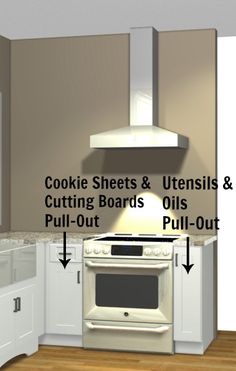 a kitchen with an oven, stove and cabinets labeled in the words cookie sheets & utensils cutting boards oils pull - out