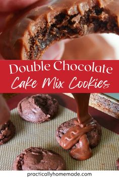 double chocolate cake mix cookies are being drizzled with melted chocolate on top