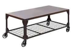 a coffee table on wheels with a wooden top and metal frame around the bottom shelf