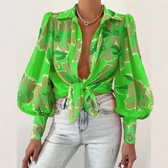 F00148256-104 Women Floral Blouse, Lantern Sleeved Blouses, Straight Clothes, Puff Long Sleeves, Turndown Collar, Collar Top, Green Blouse, Lantern Sleeve, Lantern Sleeves