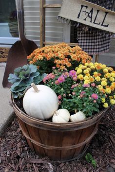 a basket filled with flowers and pumpkins on the ground next to a sign that says fall