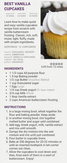 a recipe for cupcakes with white frosting on top