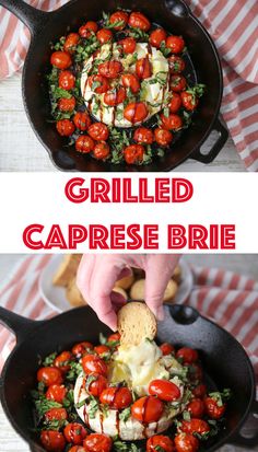 grilled caprese brie in a cast iron skillet is topped with fresh mozzarella and cherry tomatoes