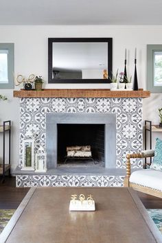 a living room filled with furniture and a fire place in the middle of a room