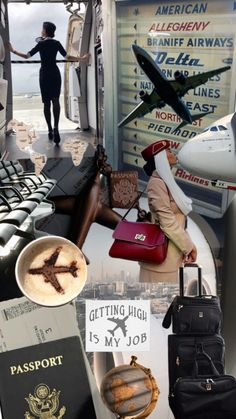 a collage of photos with people, luggage and an airplane in the sky above them