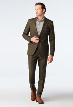 The Prescot's small-scale herringbone pattern gives this olive suit an added dash of sophistication. Add some rustic, countryside charm to your collection with this fall favorite. Green Wool Suit With Suit Collar, Green Fitted Wool Suit, Fitted Green Wool Suit, Green Fitted Tweed Jacket With Notch Lapel, Fitted Green Tweed Jacket With Notch Lapel, Fitted Green Tweed Jacket With Welt Pockets, Formal Tailored Green Tweed Jacket, Fitted Green Single-breasted Tweed Jacket, Fitted Green Tweed Business Jacket