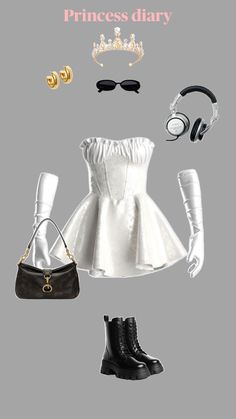 the princess's dress is white and has headphones, gloves, handbag, purse