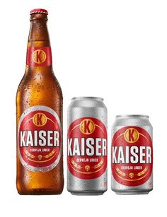 two bottles of kaiser beer next to each other on a white background with the same label