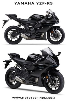 two black motorcycles side by side on a white background with the words yamaha yf - r9