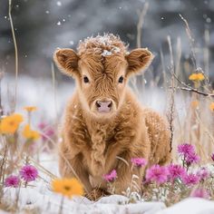 a baby cow standing in the snow surrounded by wildflowers