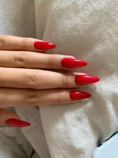 Red Apres Nails, Red King Nails, Medium Almond Nails Red, Red Nails Stiletto Almond, Plain Red Nails Acrylic, Ferrari Red Nails Design, Red Nails Bright, Red Fun Nails, Long Almond Red Nails