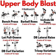 the upper body blast workout chart shows how to do it with dumbbells and barbell curls