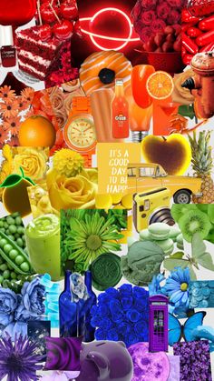 a collage of different items and colors in the shape of flowers, fruit, and hearts