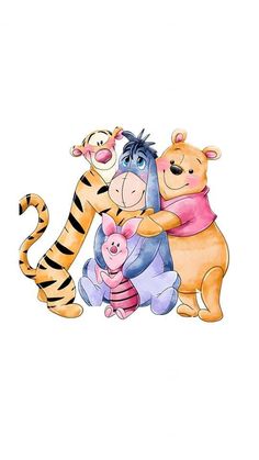 winnie the pooh and tigger hugging each other in front of a white background