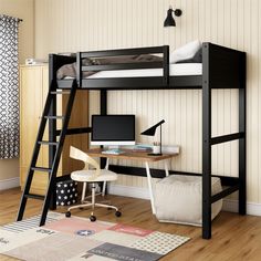 a bunk bed with a desk underneath it and a chair in front of the bed