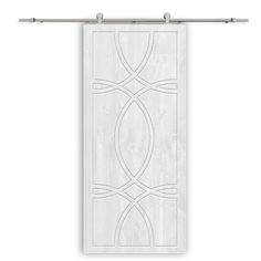 a white door with an intricate design on the front and side panels, hanging from a metal rod