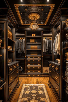 an elegant walk - in closet with black and gold accents