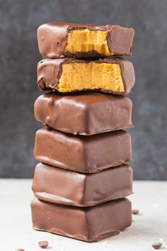 five pieces of chocolate with peanut butter on top