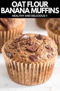 healthy and delicious oat floured banana muffins with chocolate chips on top