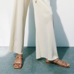 Gold Metallic Slipper Slides Sandals By Zara 2-Strap Front, Open Back Slipper/Flip-Flop Square Shape Toe *Brand New With Tags!!* Slides Sandals Outfit, Zara Sandals, Gold Slides, Zara Gold, Sandals Outfit, Slides Sandals, Zara Shoes, Square Shape, Flip Flop