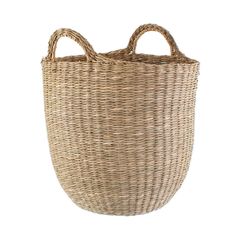 a large woven basket with handles on the front and bottom, in natural colors is shown