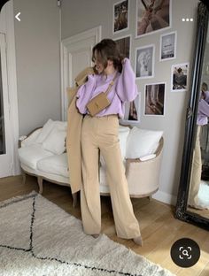 Lavender Office Outfit, Light Lavender Outfit, Light Colour Outfits For Women, Brown With Purple Outfit, How To Style Purple Top, Outfit Ideas With Purple Pants, Beige And Lavender Outfit, Light Purple Color Combination Outfit, Cool Pastel Outfits