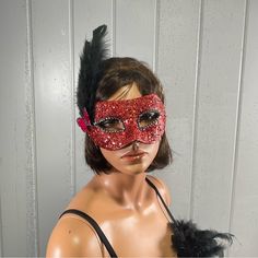 Custom Red & Black Masquerade Mask Halloween Solid Pre-Formed Base Embellished With Feathers, Rhinestone & Gliter Smoke And Pet Free Home Red Carnival Mask Costume Accessories, Luxury Red Mask For Mardi Gras, Red And Black Masquerade Mask, Handmade Red Masquerade Mask, Red Lace Mask, Black Masquerade, Black Masquerade Mask, Face Mask Brands, Winter Face Mask