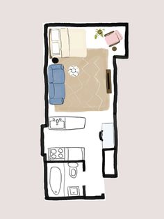 an overhead view of a living room and kitchen