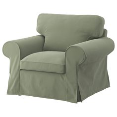 a green chair with a cover on it's arm and legs, in front of a white background