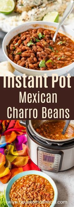 instant pot mexican charro beans in a slow cooker with text overlay that reads instant pot mexican charro beans