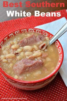 white beans and ham soup in a red bowl