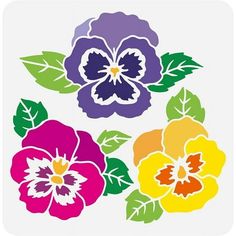 four different colored flowers with green leaves on the bottom and one purple flower in the middle