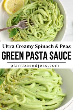 Close up on a bowl of vegan green pasta sauce made with spinach and green peas. Frozen Spinach Recipes, Spinach Pasta Sauce, Green Pasta Sauce, Weeknight Family Dinner, Green Peas Recipes, Spinach Noodles, Vegan Pasta Sauce, Family Dinner Recipe, Creamy Peas