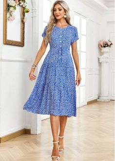 Color:Blue;Size:S;Package Contents:1 X Dress;Occasion:Other;Style:Casual; Casual Blue Midi Dress With Button Closure, Blue Short Sleeve Dress, Skirt Outfit Fall, Beach Bridesmaid Dresses, Ditsy Floral Dress, Round Neck Dress, Queen Fashion, Dress Occasion, Ditsy Floral Print