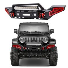 the front and rear view of a black jeep with red leds on white background