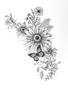 a black and white drawing of sunflowers with butterflies flying around the flower petals