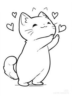 a black and white drawing of a cat with hearts